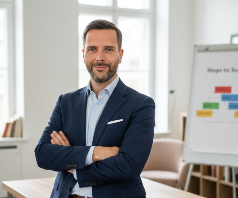 Coach im Büro mit Whiteboard