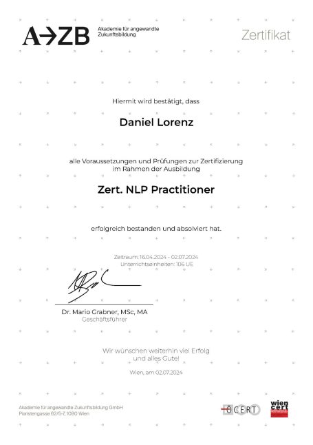 Zertifikat NLP Practitioner Daniel Lorenz